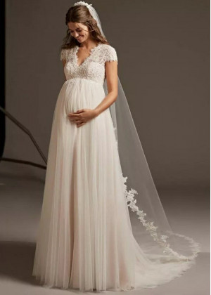Ivory Lace Tulle Keyhole Back Pregnant Women Wedding Dress
